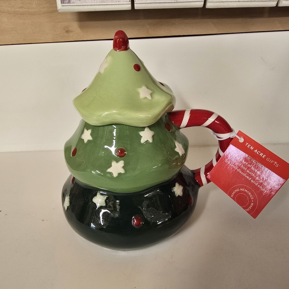 Ten Acre Gifts Christmas Tree Figural Mug Candy Cane Handle Matching‎ Lid